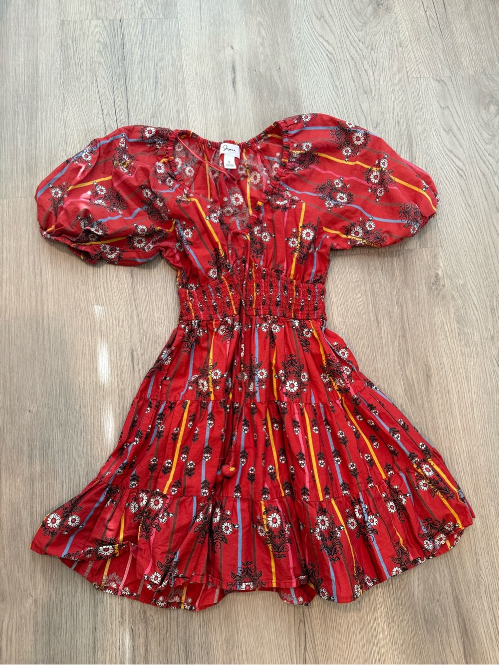 Japna Red Floral Puff-Sleeve Tiered Dress